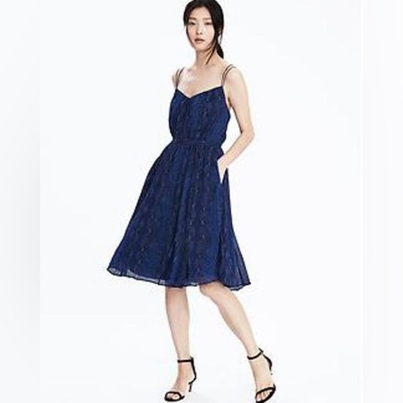 Banana Republic Navy Snake Print Strappy Crossback Fit & Flare Sheer Dress Sz S - Picture 2 of 10